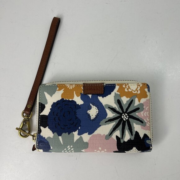 Fossil Wristlet Wallet Coated Canvas Zip Around Colorful Floral Teal Pink Blue - Picture 1 of 8